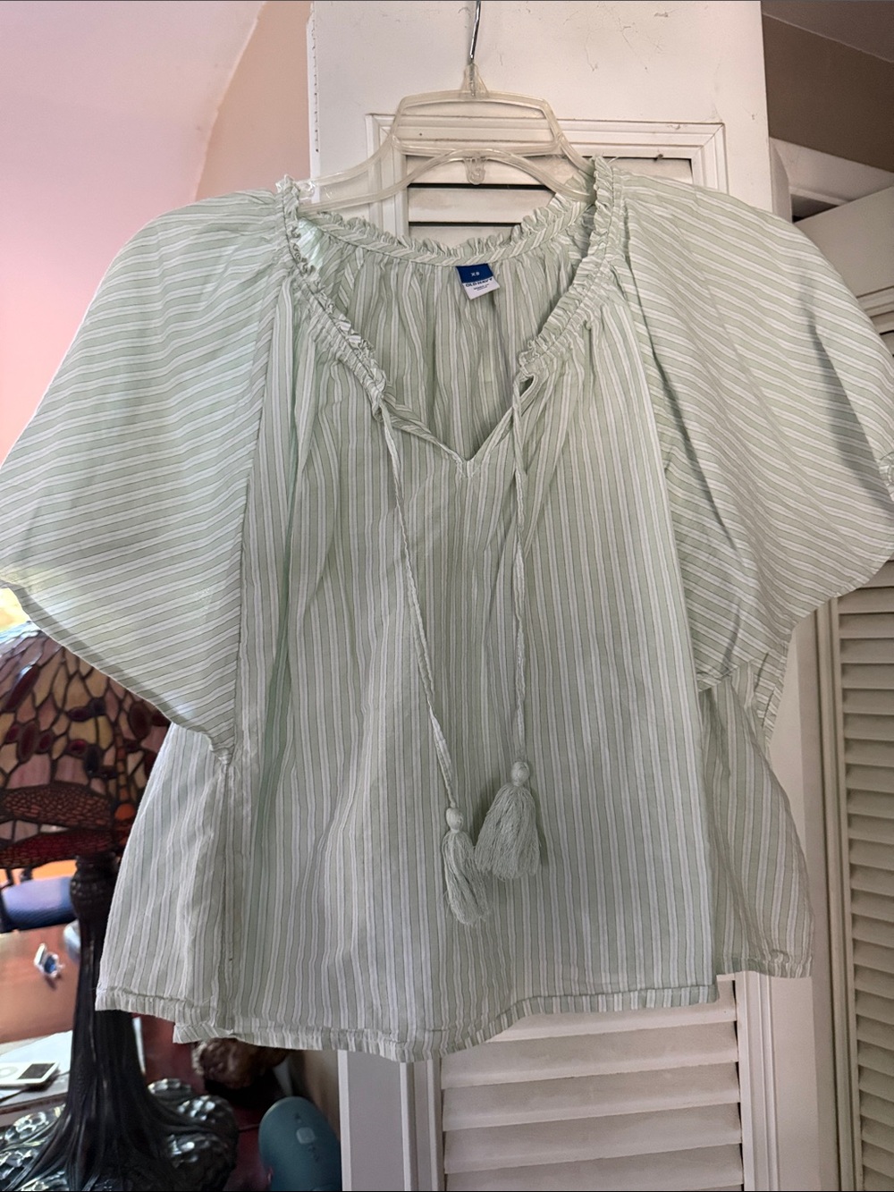 Old Navy Light Green Striped Women's Peasant Top - Casual Summer Blouse